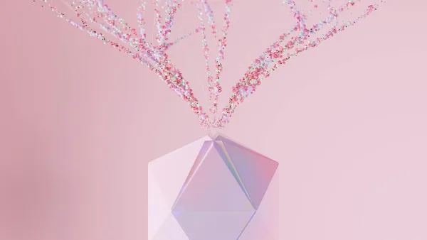 Modernes abstraktes geometrisches Gefäß mit farbenfroher Partikelexplosion auf Pink