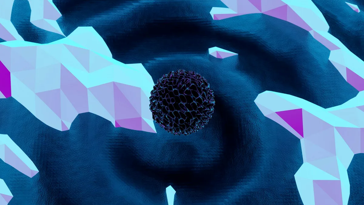 Lebendiges 3D-Abstract-Design mit geometrischen Formen und zentraler dunkler Kugel mit Neonfarben