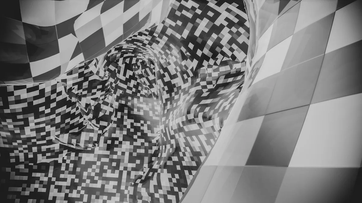 Motivo a scacchiera astratto b/n con forme pixelate