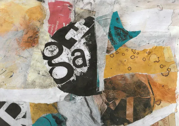 An artistic close-up of a colorful abstract collage featuring torn papers, textures, and text.