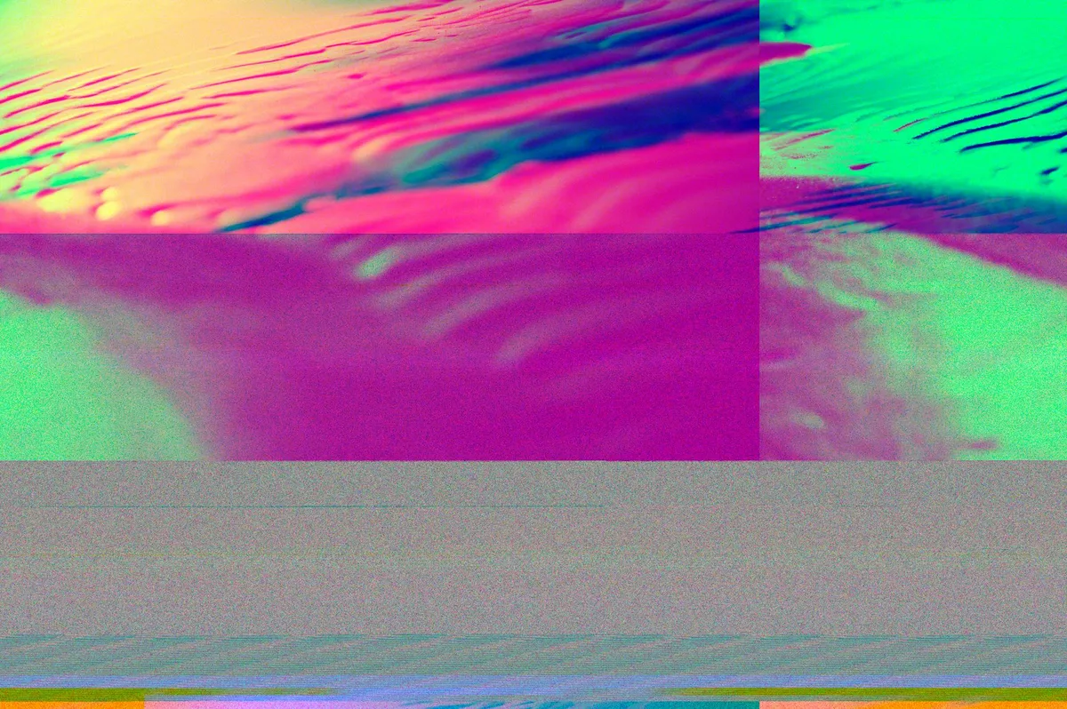 Farbenfrohe abstrakte Kunst mit lebendigen digitalen Rippeln und Glitch-Effekten