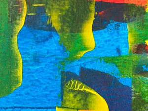 Colorful abstract artwork featuring vivid greens, blues, and reds with textures and shapes.