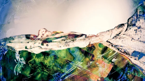 Colorful abstract artwork showcasing layers of mixed media with striking textures.