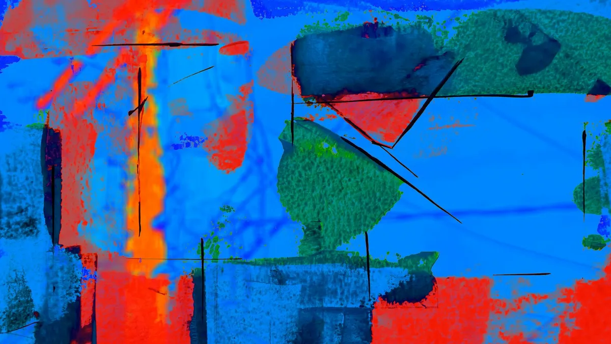 Arte astratta dinamica con blu, rossi e verdi vibranti, espressionismo moderno