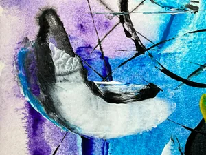 Vibrant abstract painting with bold brush strokes in blue and purple tones.