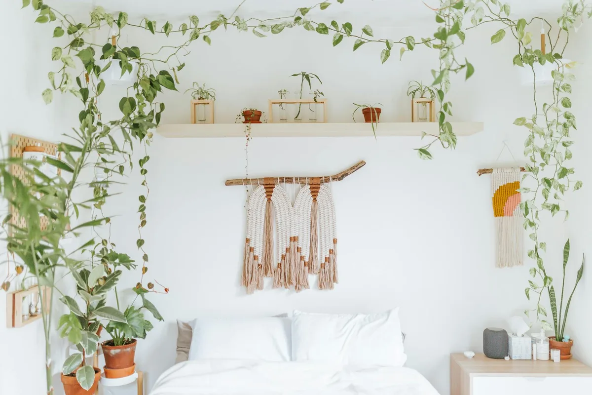 A serene bedroom adorned with hanging plants, minimalist decor, and a cozy ambiance.