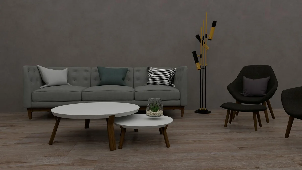 Soggiorno moderno con divano, sedie, tavoli e lampada a stelo unica