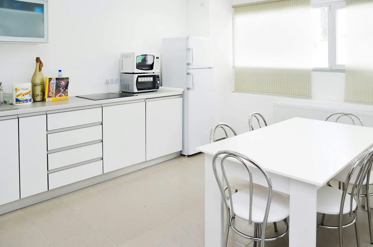 깔끔한 화이트 주방 인테리어, 세련된 가구와 모던 가전, 풍부한 자연광