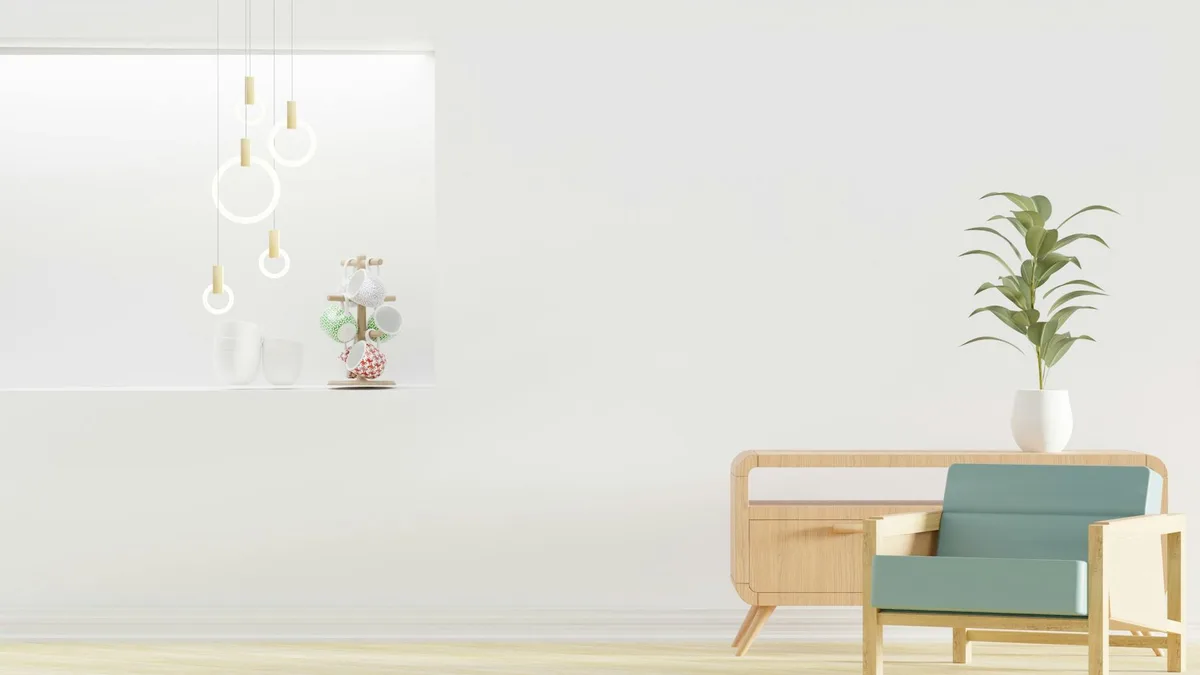 밝고 모던한 거실, 암체어와 드레서, 관엽식물