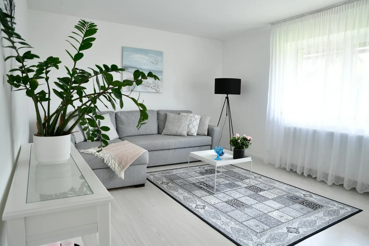 Helles Skandinavisches Wohnzimmer mit Grauem Sofa, Zimmerpflanzen und Gemütlichkeit