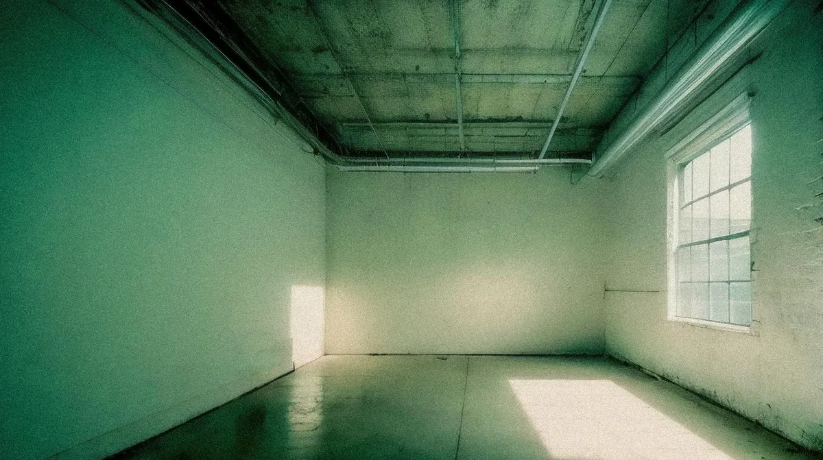 Leerer Industrielof mit Sonnenlicht durch ein großes Fenster und Betonwänden