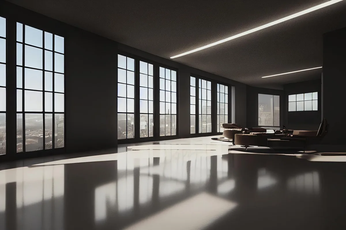 Geräumiges modernes Interieur mit großen Glasfenstern und Stadtblick