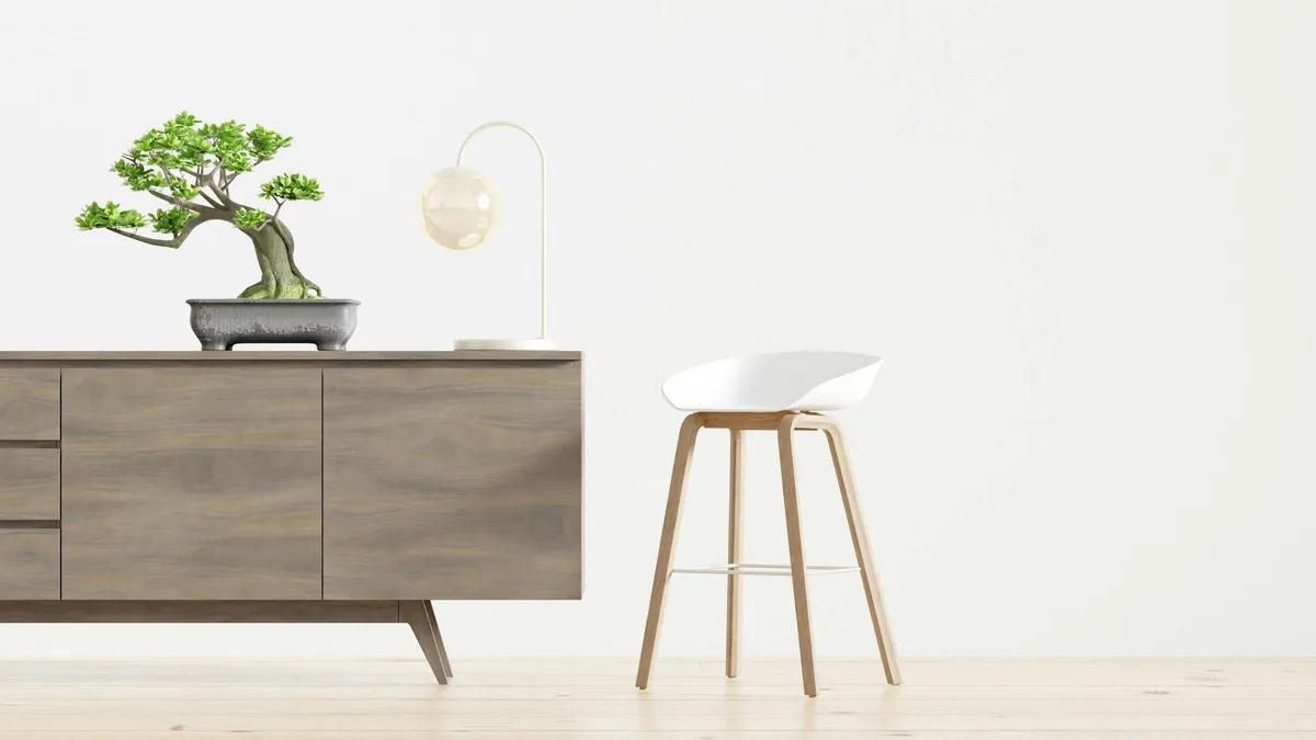 Stilvolles minimalistisches Interieur mit Holzschrank, Bonsaibaum und modernen Dekoelementen