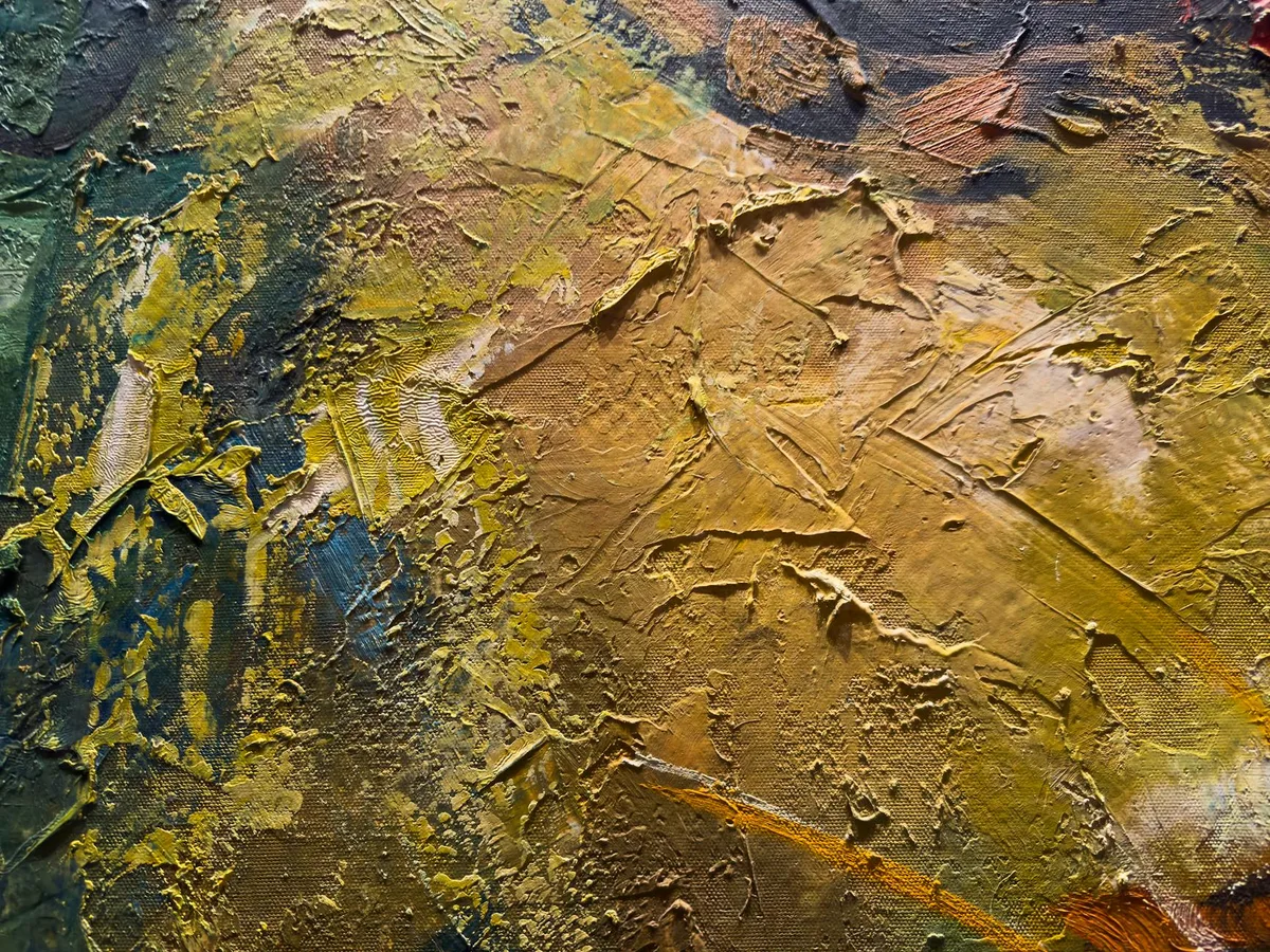 어스 톤의 질감 있는 추상 유화 클로즈업, 시에나와 페루 팔레트