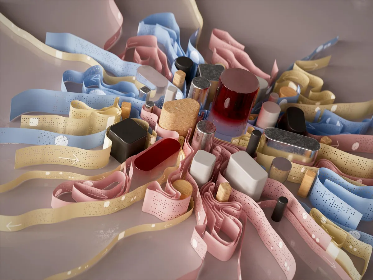 Künstlerische Anordnung von Bändern und Behältern in verschiedenen Farben und Formen.