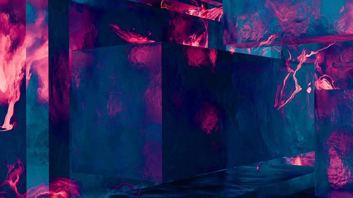 Design 3D astratto con tonalità neon vivide e forme geometriche