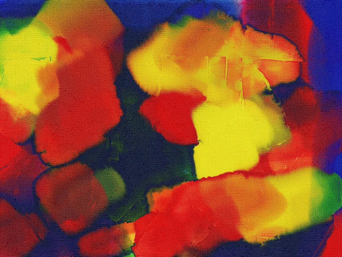 Buntes abstraktes expressionistisches Gemälde mit leuchtenden Farben und dynamischen Formen