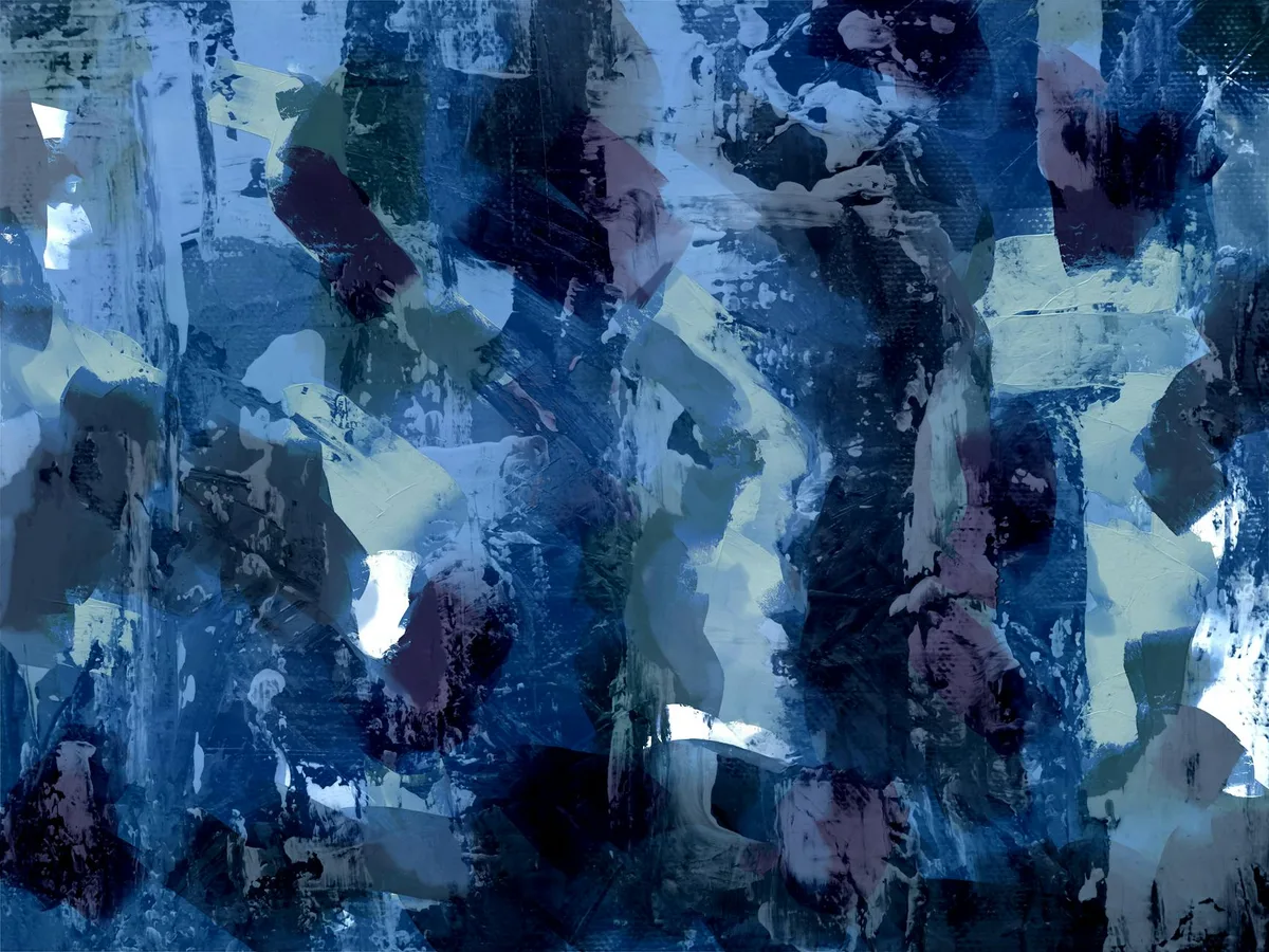 Dynamischer abstrakter Expressionismus mit satten Blautönen und strukturierten Pinselstrichen