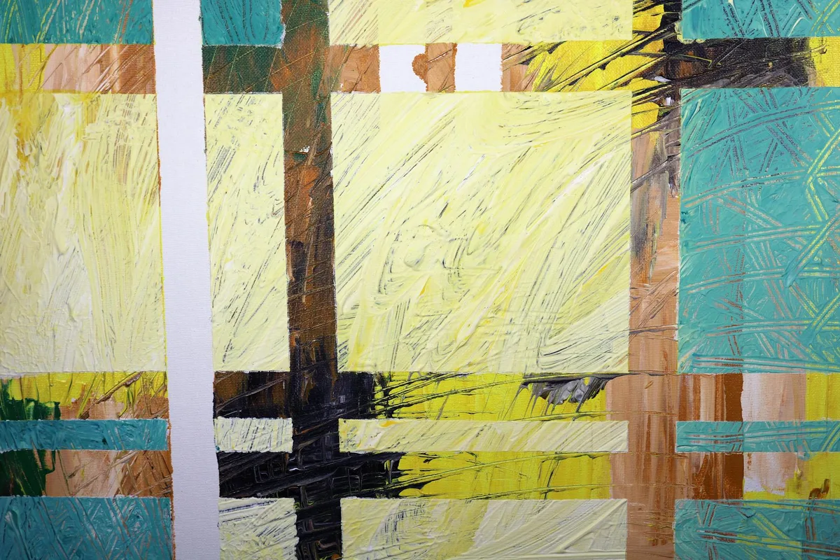 Dynamische abstrakte Malerei mit lebendigen geometrischen Mustern und Texturen auf Leinwand