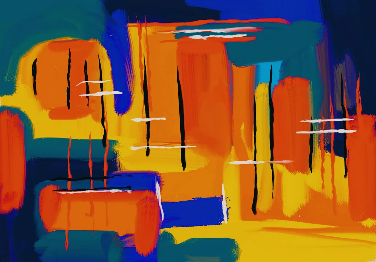 Pintura abstrata energética com pinceladas vibrantes de laranja, azul e verde em acrílico.