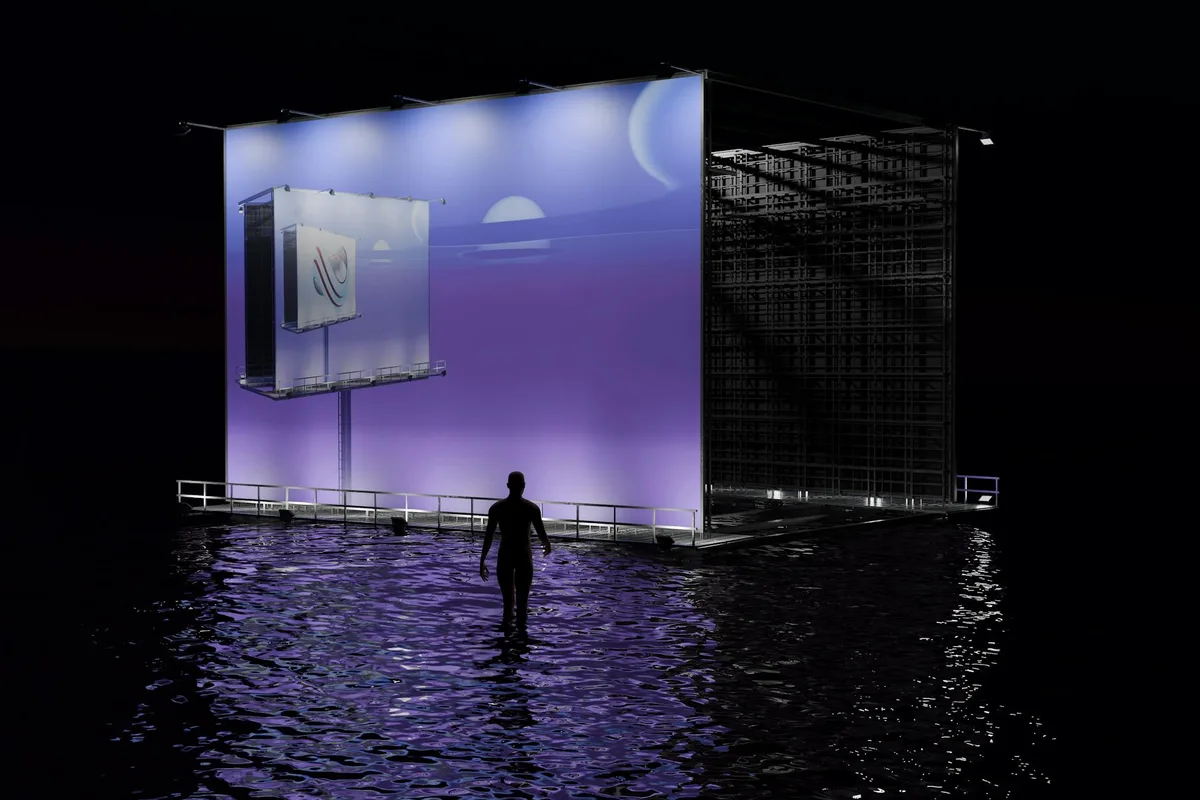 Opera d'arte digitale moderna con figura in silhouette su acqua illuminata di notte
