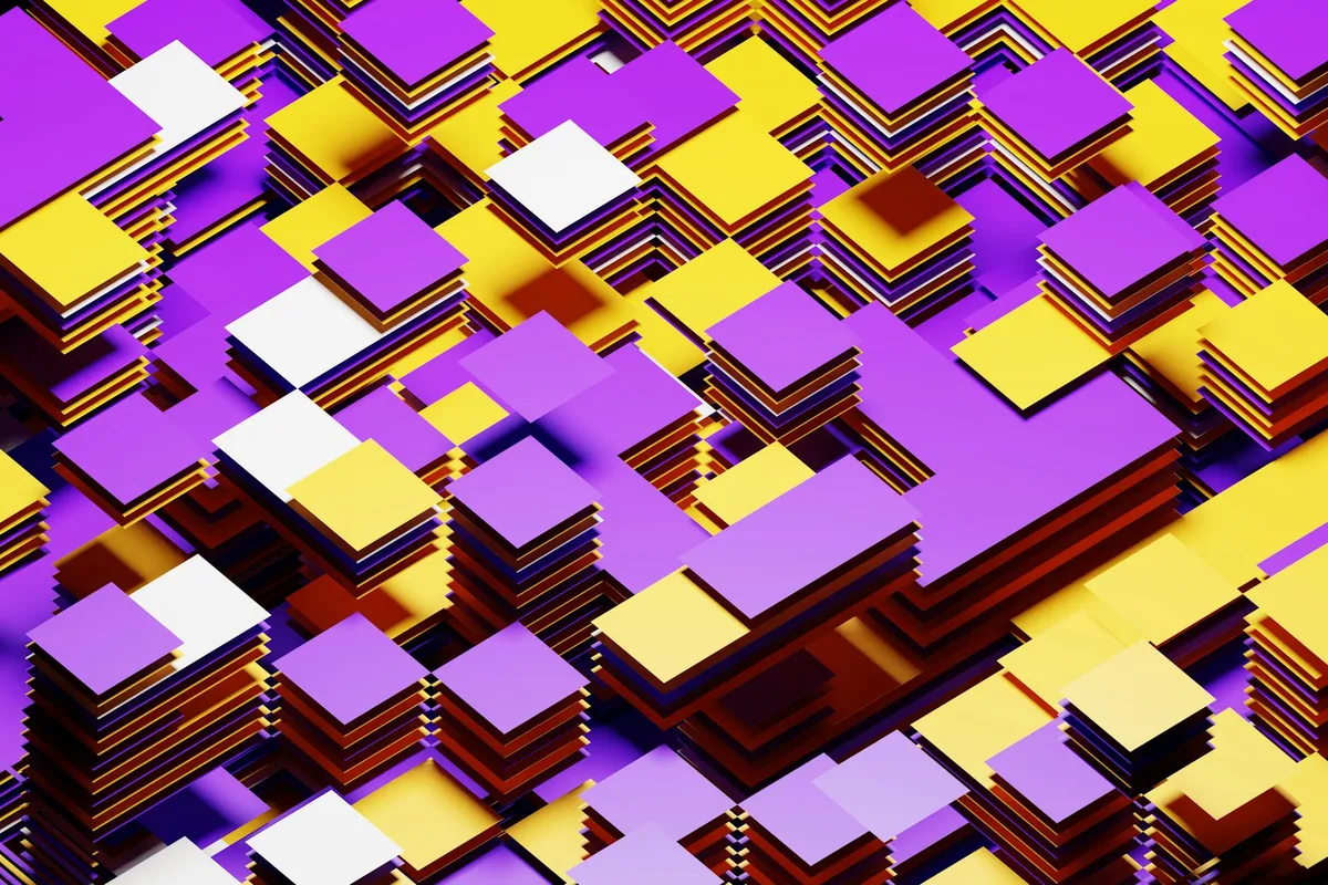 Motivo astratto 3D vibrante: blocchi gialli, viola e bianchi