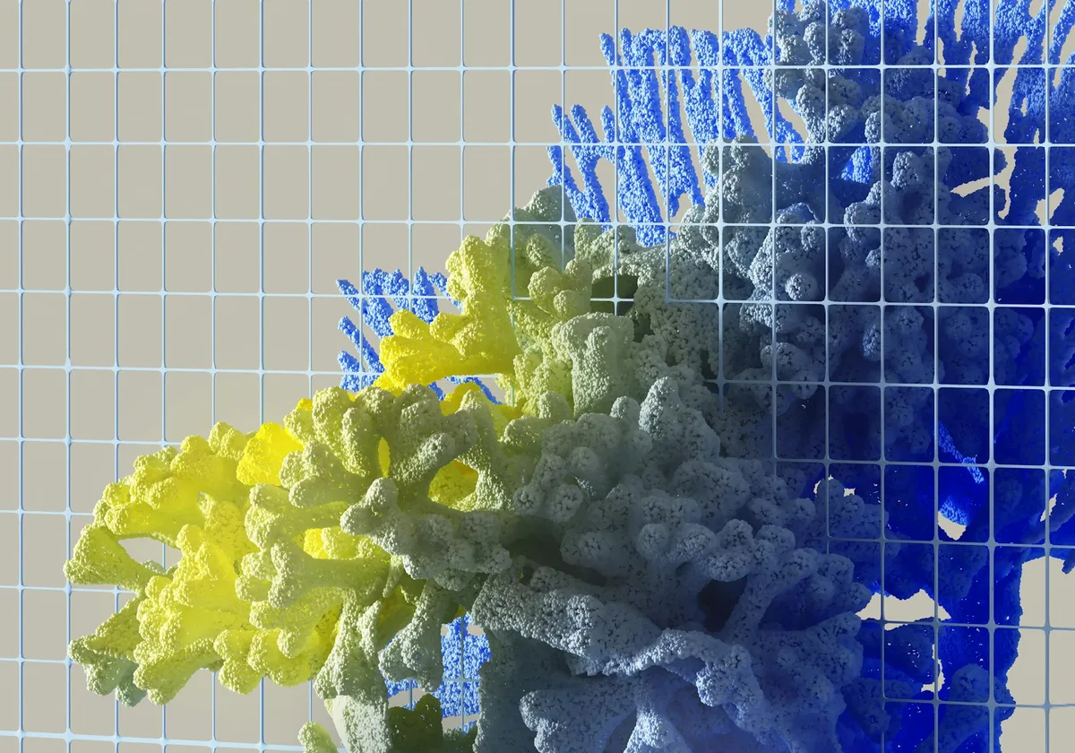 그리드 배경에 다채로운 산호 모양 구조물이 있는 생생한 추상 3D 렌더링
