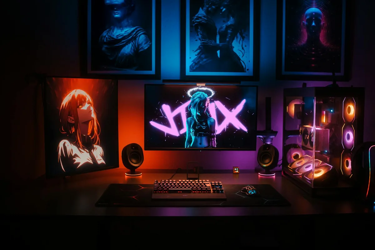 Setup gaming dinamico con luci LED neon e arte ispirata agli anime.