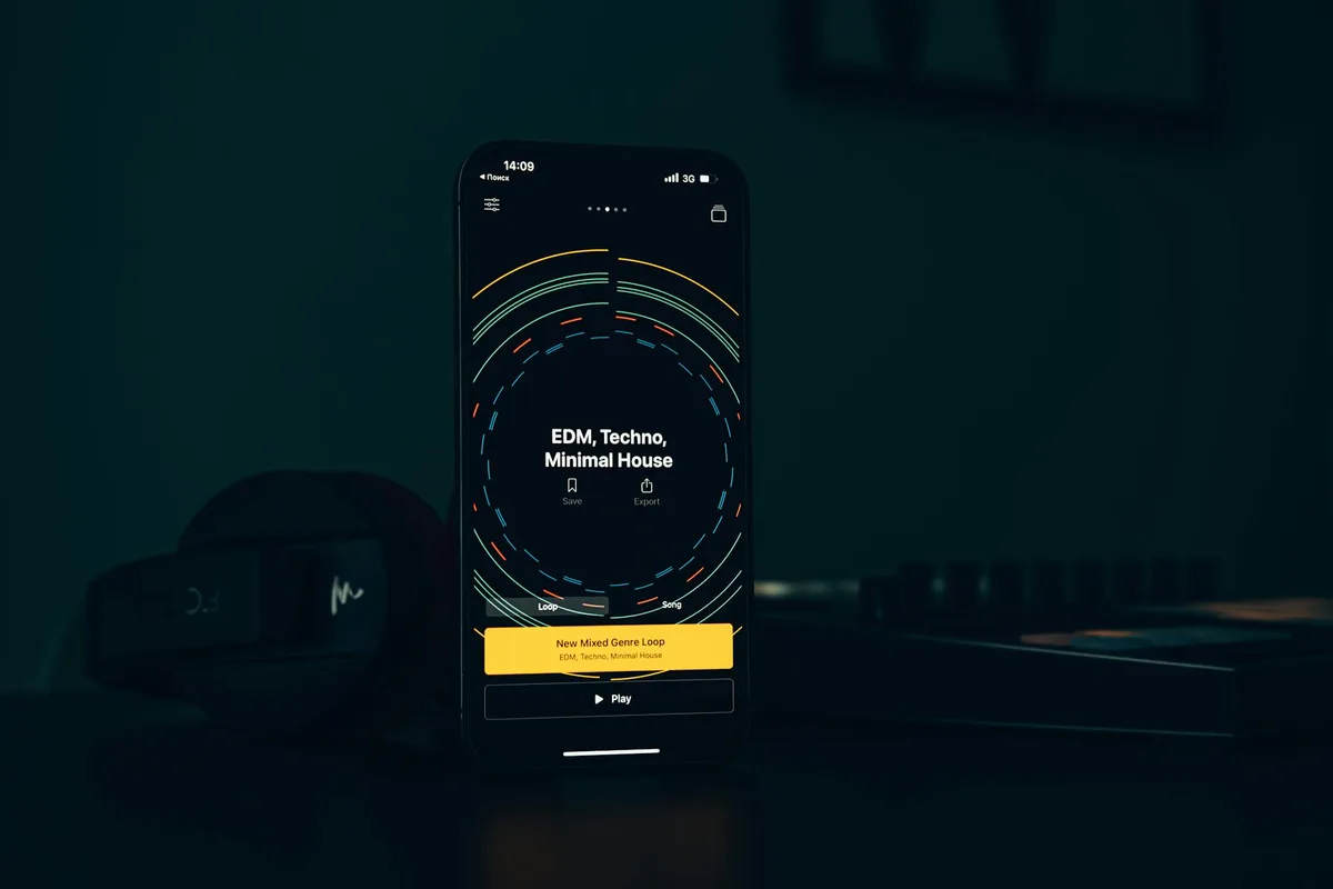 Gros plan d'un smartphone avec interface d'application musicale EDM, Techno, Minimal House