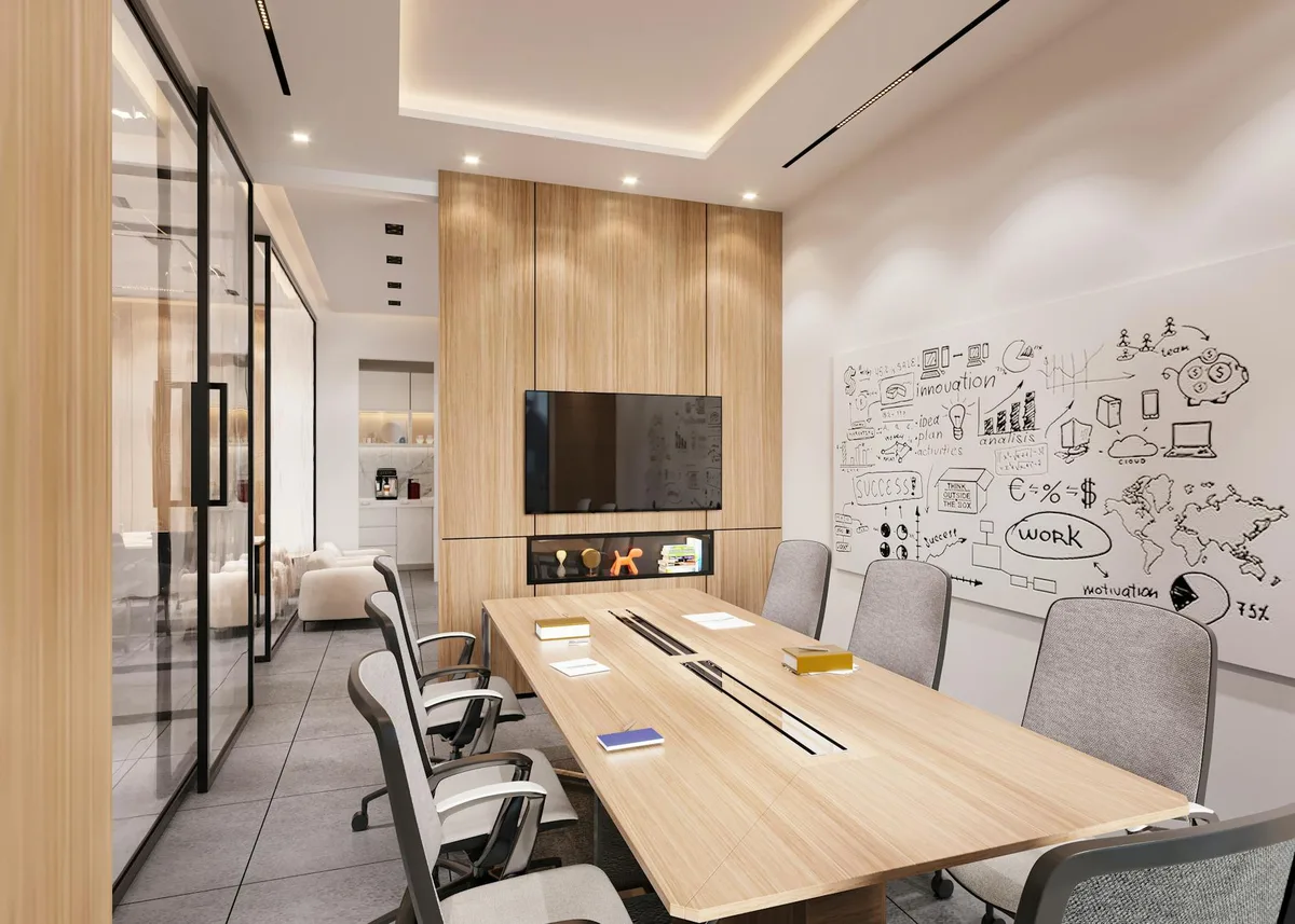 슬릭한 회의실: 대형 테이블, 의자, TV, 화이트보드 비즈니스 공간
