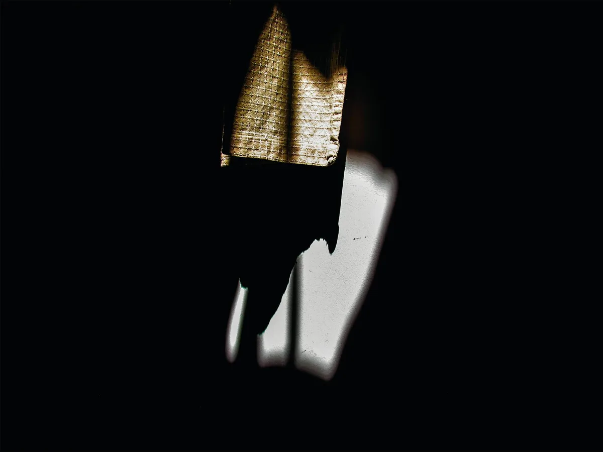 Künstlerisches Schatten- und Lichtspiel auf strukturiertem Stoff im Innenraum.