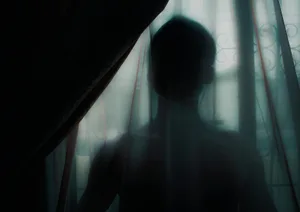 Mysterious silhouette of a man behind a sheer curtain, creating an eerie atmosphere.