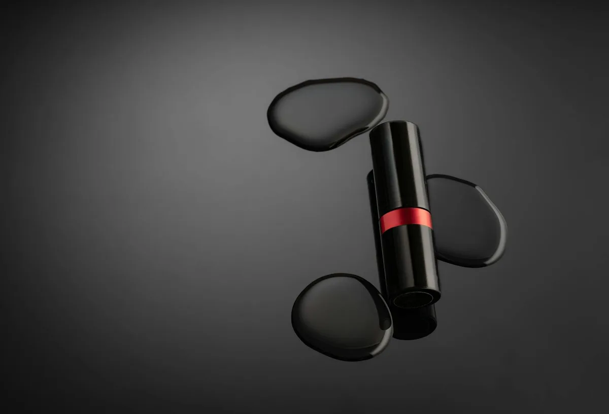 Rossetto nero su sfondo scuro con gocce d'acqua artistiche