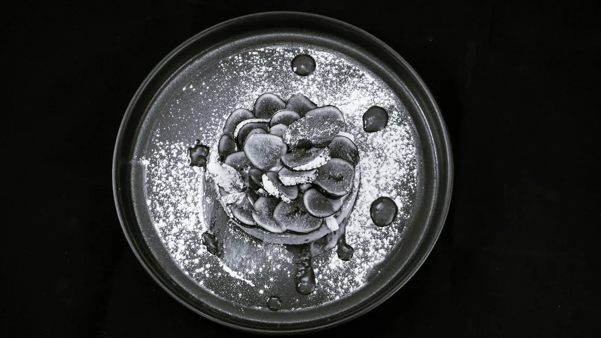 Vista monocromatica di dessert creativo con frutta e zucchero a velo su piatto