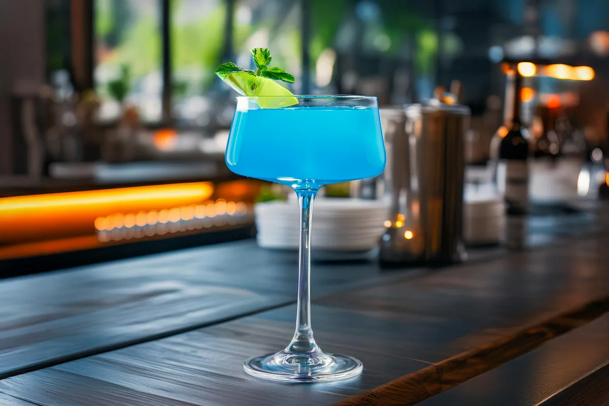 Cocktail blu rinfrescante guarnito con lime e menta in un bar elegante