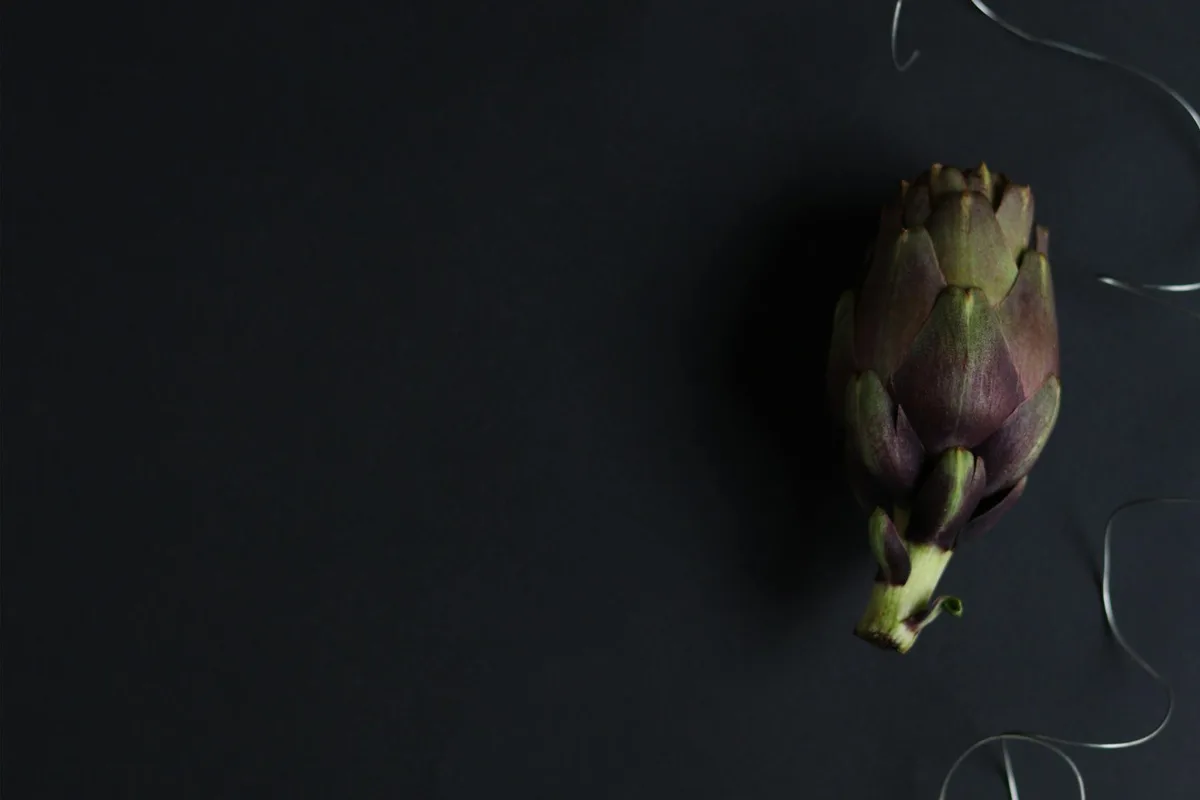 Dunkles Artischocken-Stillleben auf schwarzem Hintergrund mit Betonung von Textur und Form