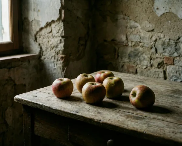 Seven apples on a rustic wooden table in a dimly lit, textured room setting.