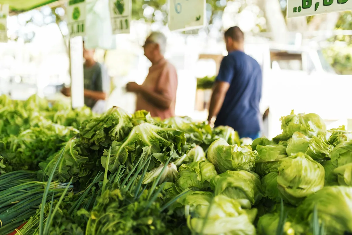 Lebendige Präsentation von grünem Gemüse auf einem Außenmarkt mit unscharfen Käufern im Hintergrund