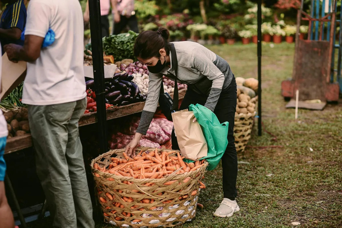 Mulher colhendo cenouras frescas em feira ao ar livre com diversos produtos