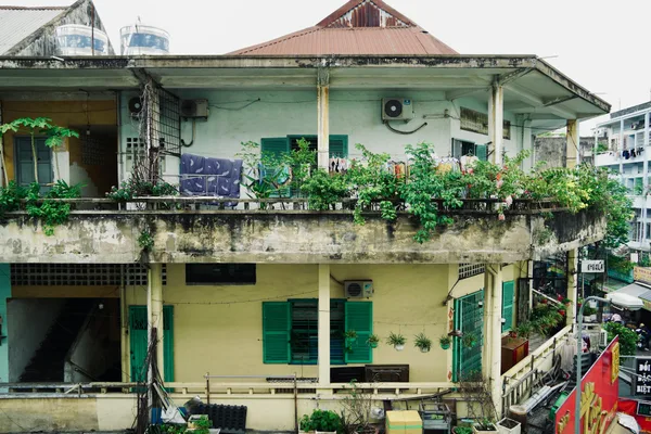 A city balcony adorned with lush plants in an urban residential area.