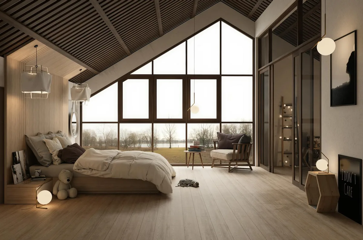 Camera moderna con finestra panoramica, accenti in legno e illuminazione soffusa