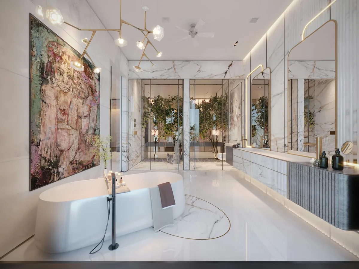 Bagno lussuoso con decor moderna, marmo e vasca freestanding