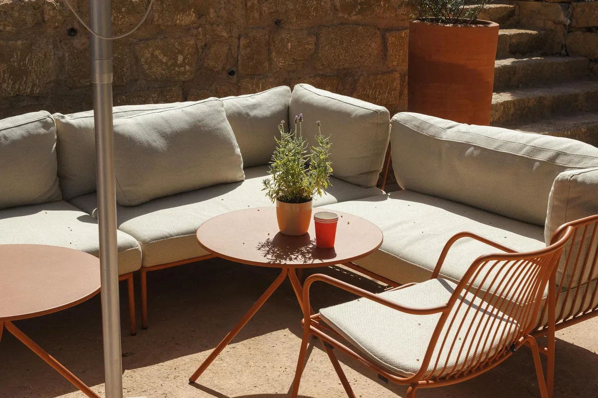 Einladender Außenbereich im warmen Sonnenlicht mit modernen Möbeln und Pflanzen-Mittelpunkt