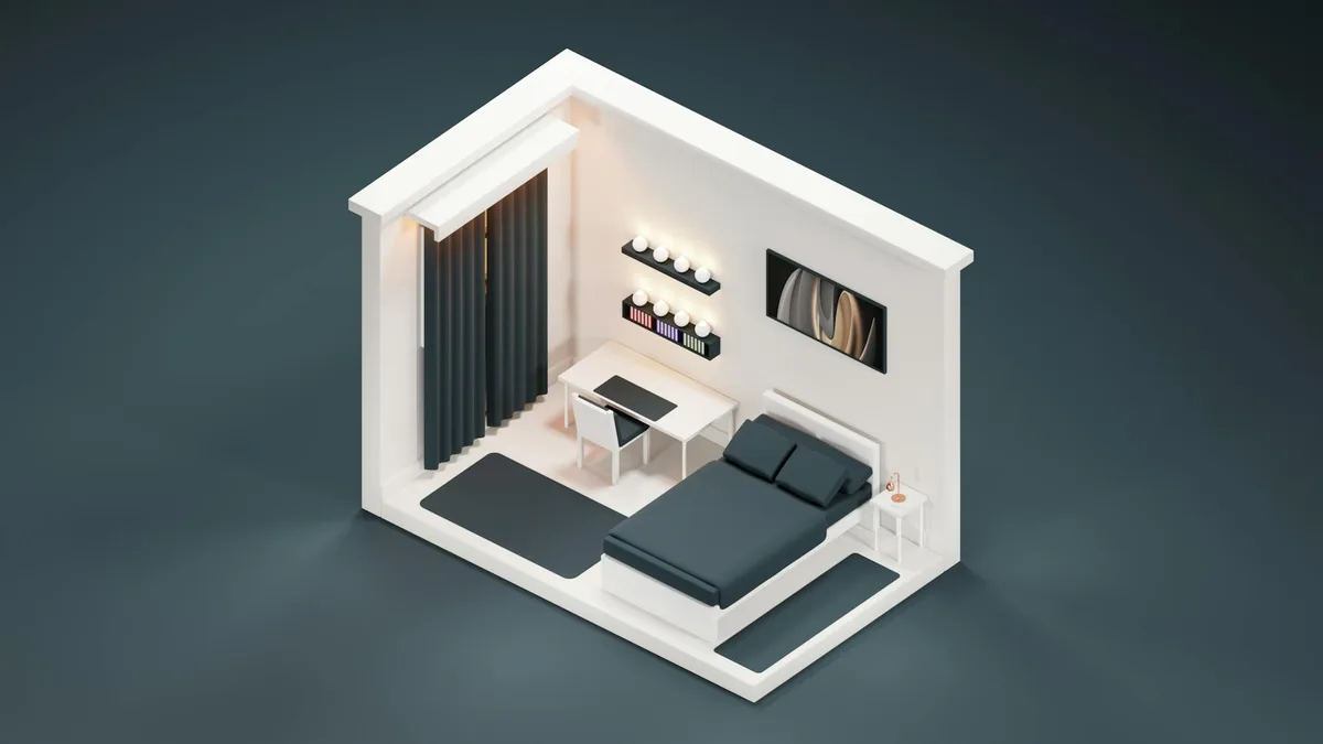 Camera da letto moderna con design minimalista e toni neutri