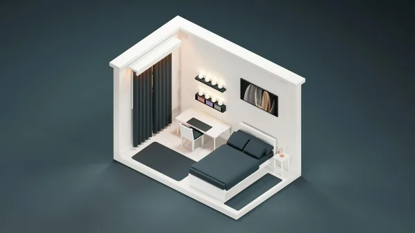 Camera da letto moderna con design minimalista e toni neutri