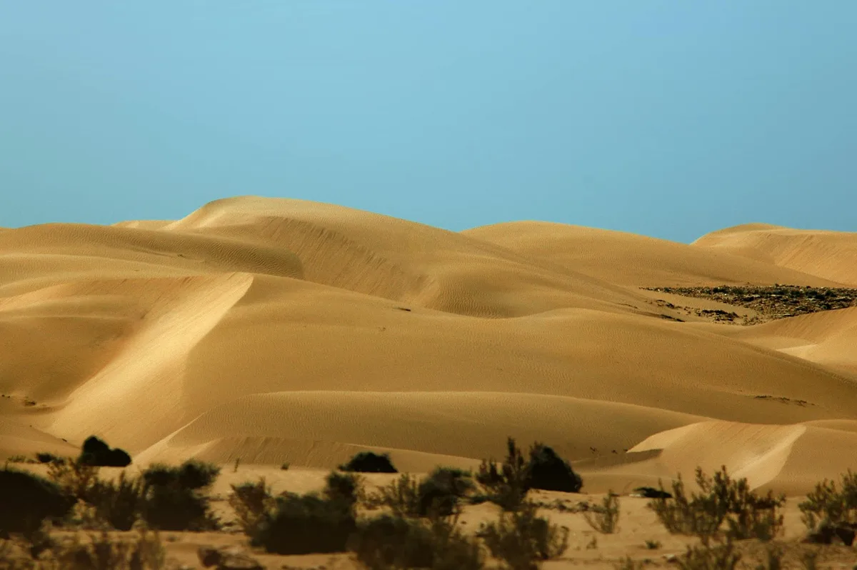 Wunderschöne Sanddünen unter klarem blauen Himmel in Tan-Tan, Marokko