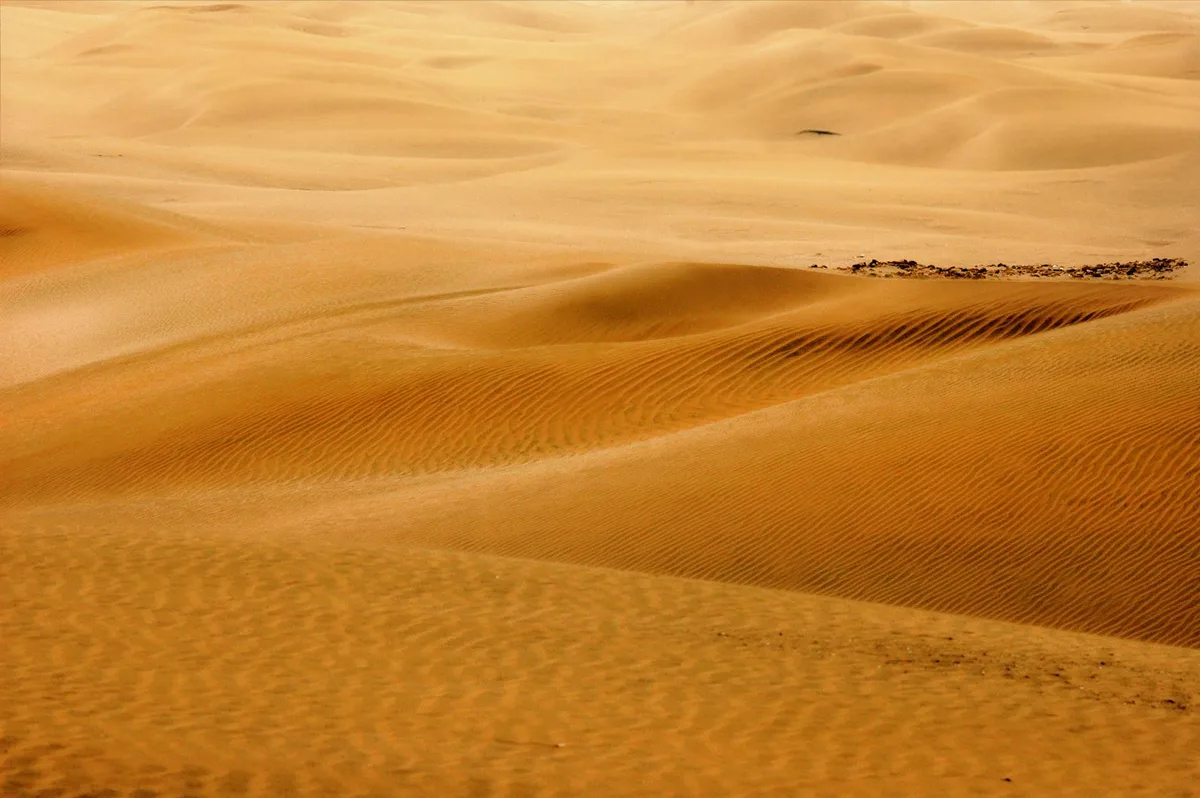 Goldene Sanddünen unter klarem Himmel in Tan-Tan, Marokko