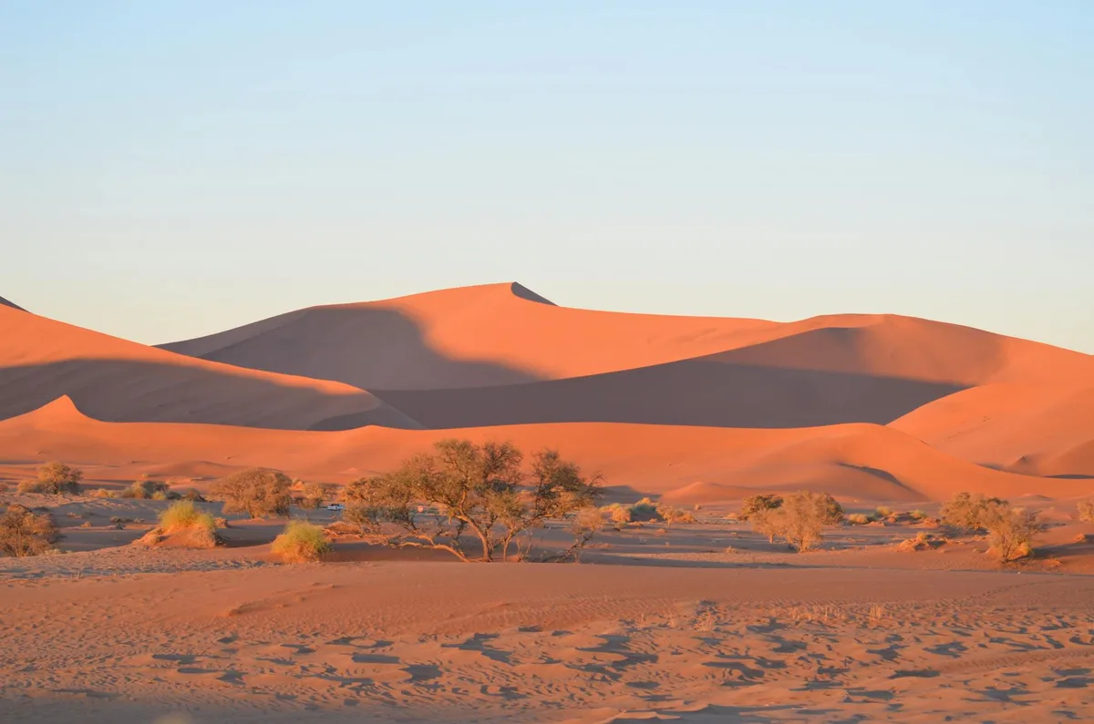 Sabbie dorate delle dune di Sossusvlei illuminate da un tramonto mozzafiato