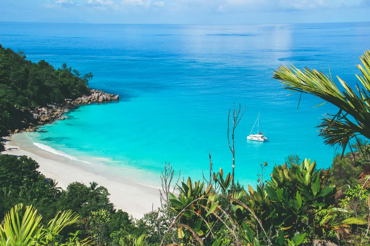 Spiaggia tropicale alle Seychelles con acqua turchese cristallina e vegetazione lussureggiante