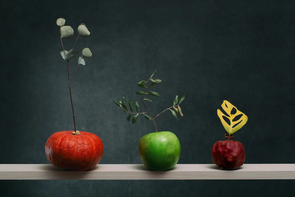 Nature morte de fruits avec branches et feuilles disposées artistiquement sur une étagère